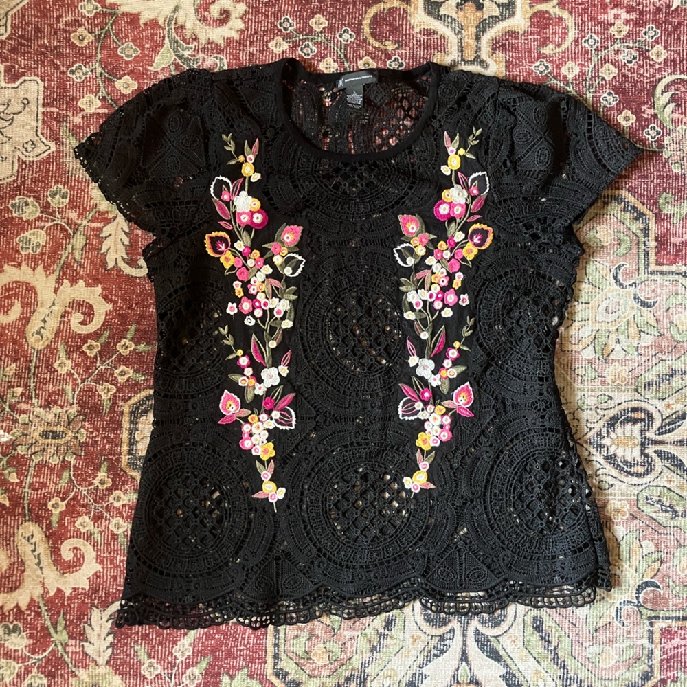 Open work black floral top